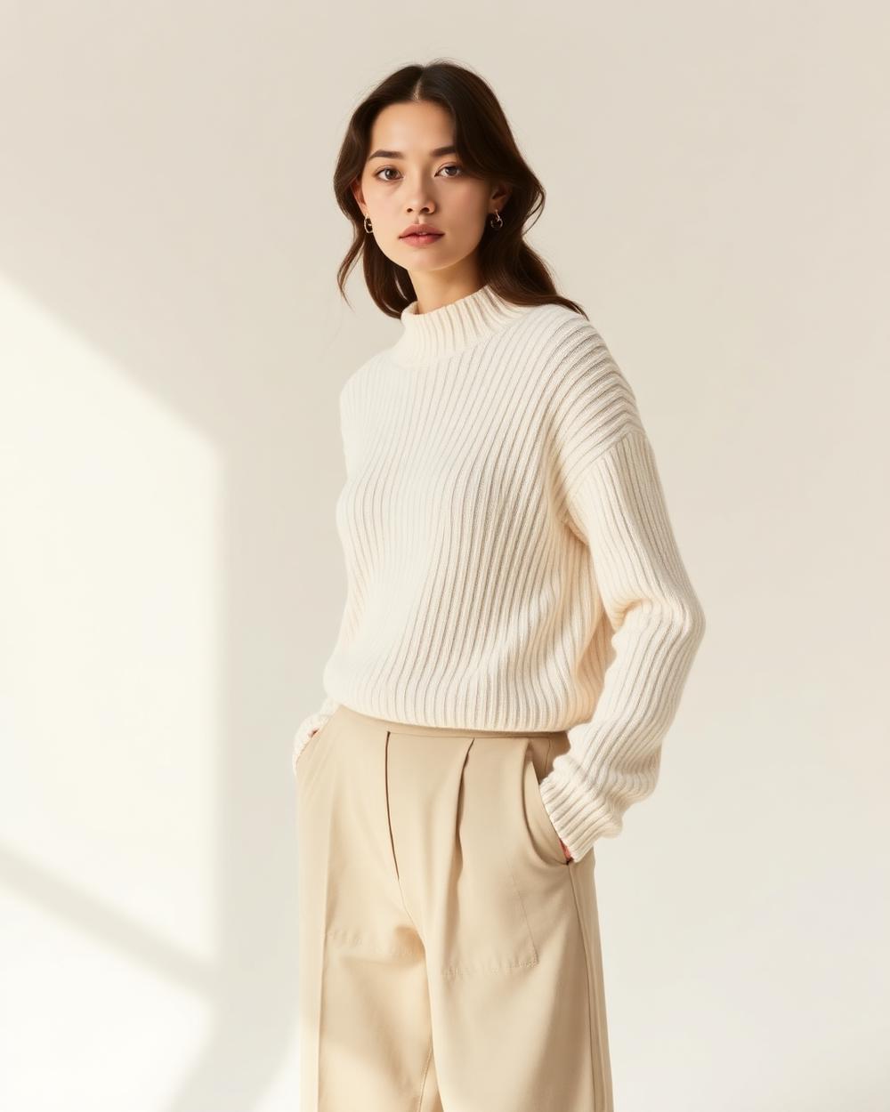 Femme portant un pull en maille crème et un pantalon beige