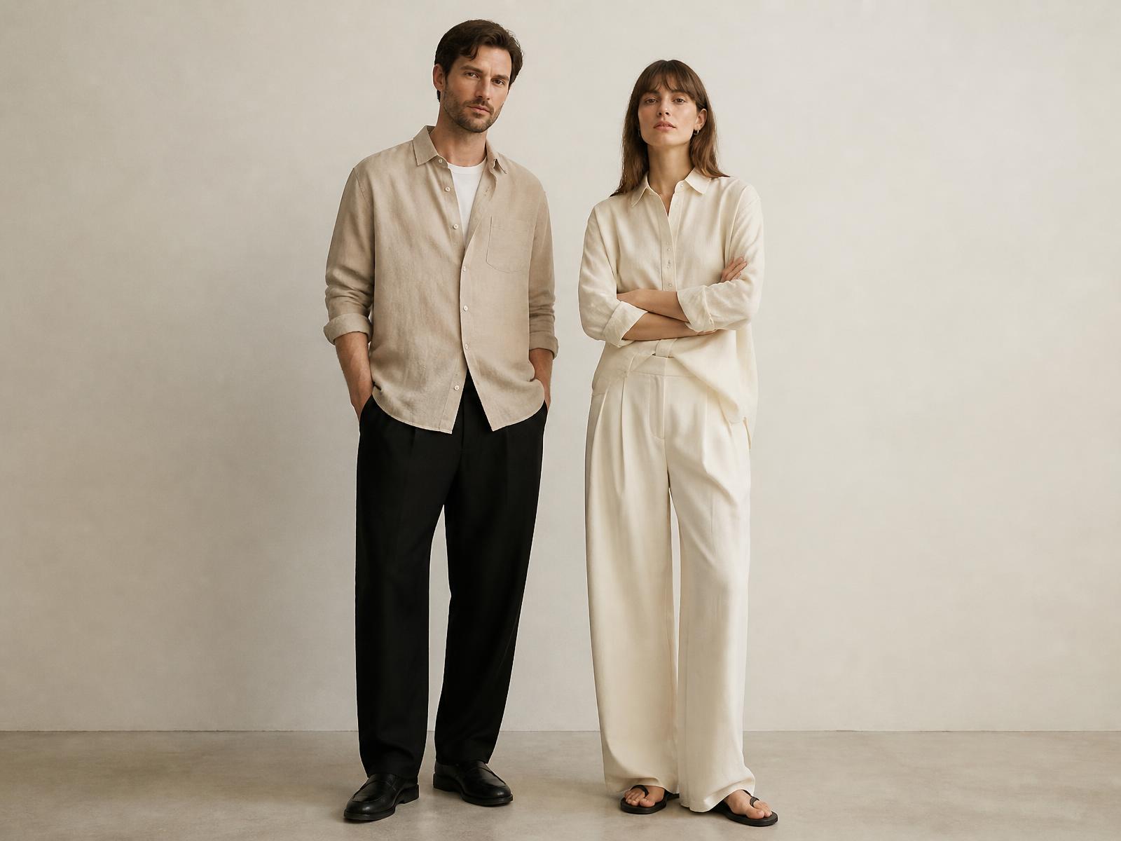 Un homme et une femme portant des vêtements essentiels aux tons neutres dans un studio lumineux